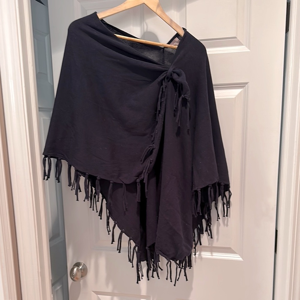 Chico’s Navy Wrap with Fringe and Slide-Through Top Shoulder Closure - Like New!
